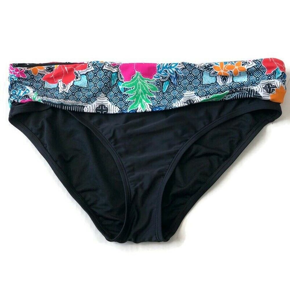 Into the Bleu by Amerex Womens Hipster Bikini Bottom Size 14 Black Floral Waist